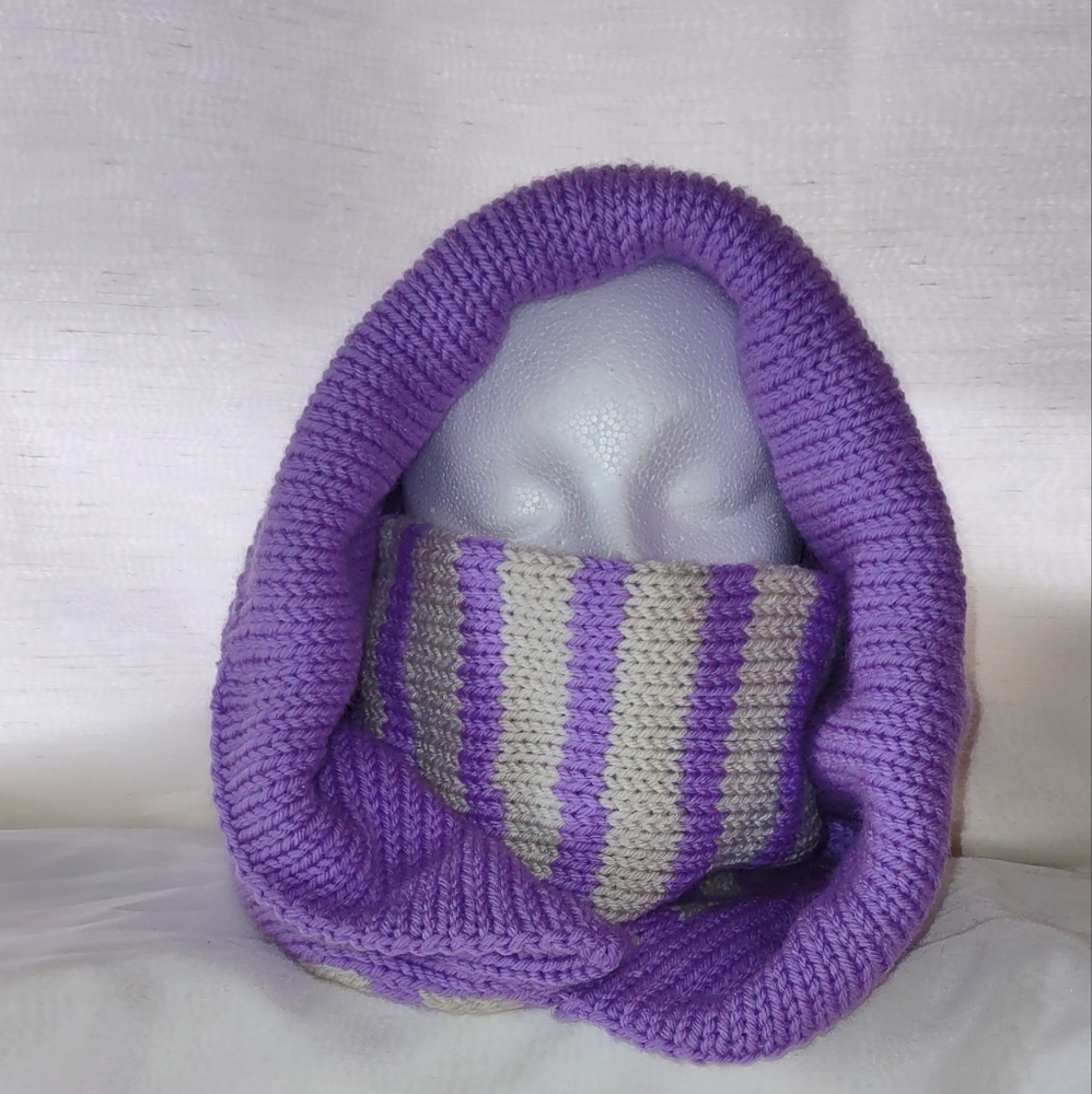 Purple and Beige Striped Knit Hooded Cowl